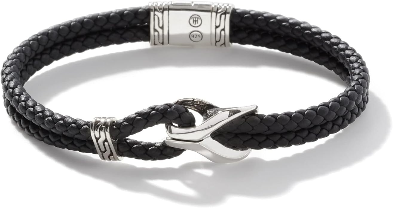 John Hardy MEN's Asli Classic Chain Link Silver Bracelet on 4mm Black Leather Cord with Pusher Cl... | Amazon (US)