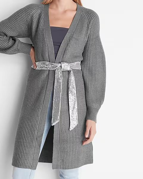 Ribbed Sequin Belted Duster Cardigan | Express