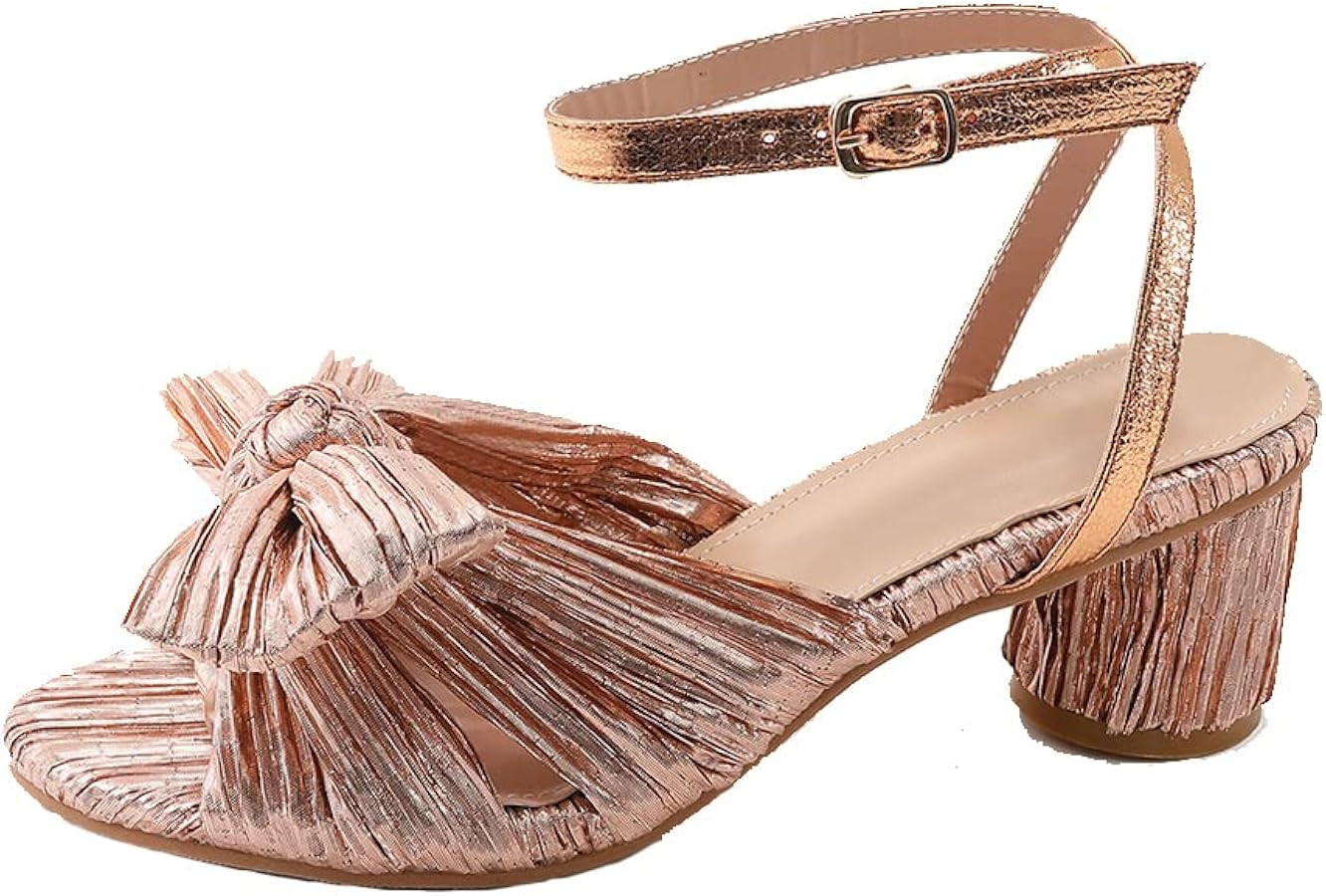 Tscoyuki Women's Pleated Bow Knotted Heels Sandals, Wedding Ankle Strap Open Toe High Block Chunk... | Amazon (US)