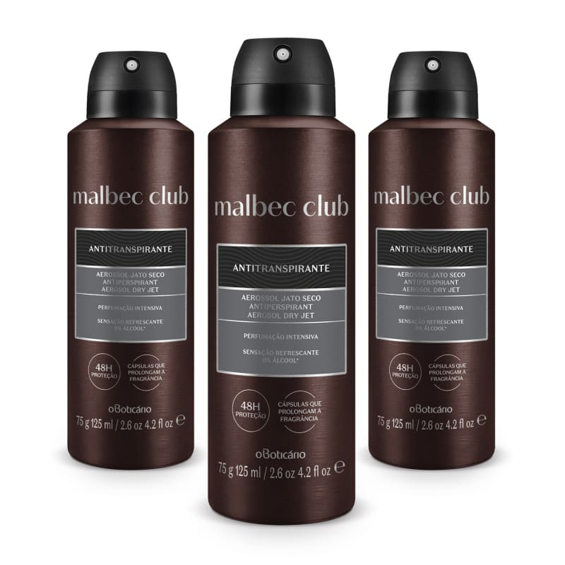 Combo Desodorante Antitranspirante Aerossol Malbec Club Intenso 75g (3 unidades) | oBoticario (BR)