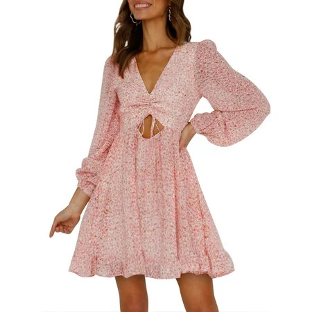 FARYSAYS Womens Spring Summer Deep V Neck Ruffle Long Sleeve Floral Print Mini Dress | Walmart (US)