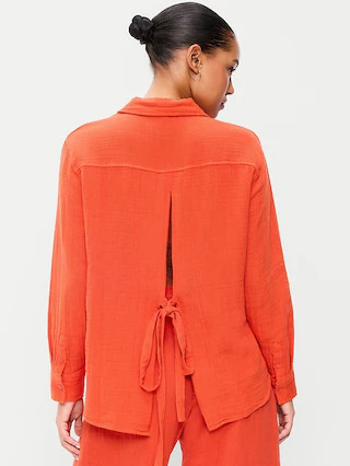 Open-Back Crinkle Gauze Button-Down Shirt | Old Navy (US)