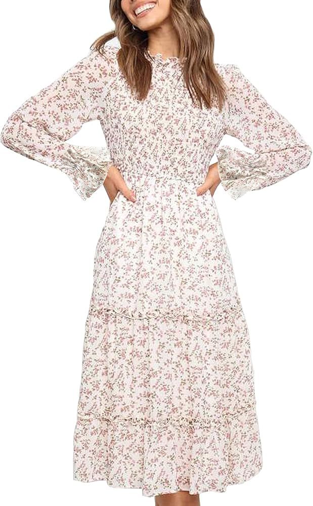 HMPRT Women's Smocked Floral Tiered Midi Dress Flowy Chiffon Round Ruffle Neck Long Sleeves Dress... | Amazon (US)