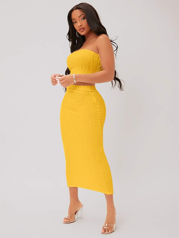 SHEIN SXY Textured Crop Tube Top & Pencil Skirt Set | SHEIN