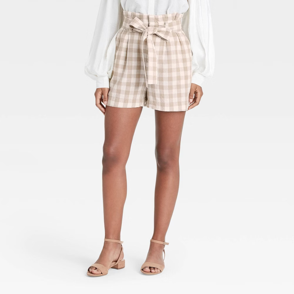 Women's Gingham check High-Rise Paperbag Shorts - A New Day Light Brown XL | Target