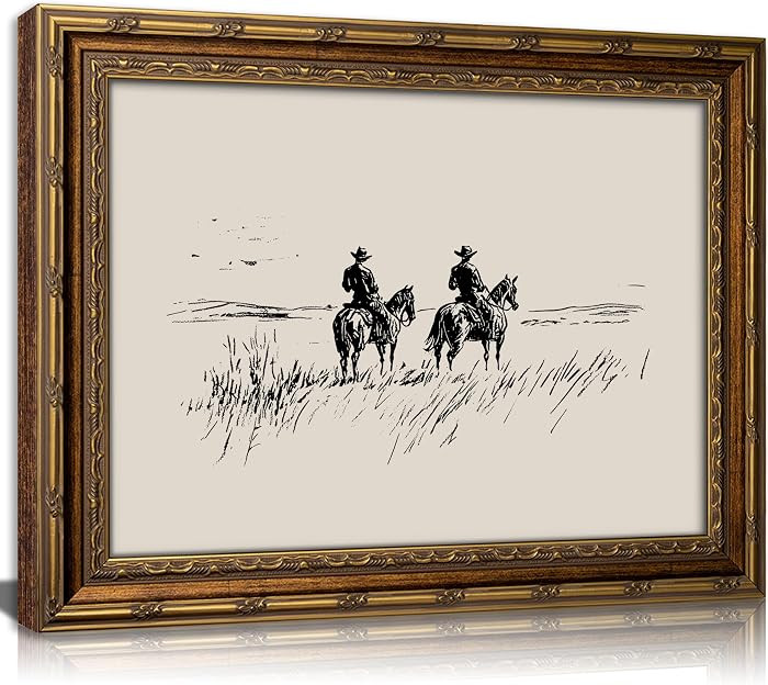 Vintage Gold Framed Canvas Wall Art Western Cowboy Sketch Painting Picture Wall Decor Rustic Mini... | Amazon (US)