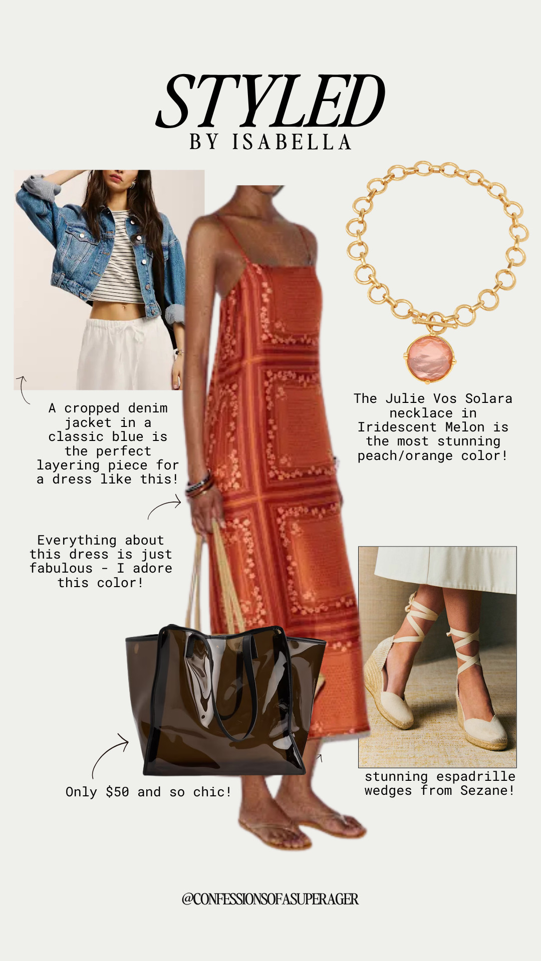 Effortless spring style starts here 🌿✨ This chic outfit pairs a statement orange midi dress with a classic cropped denim jacket, neutral espadrille wedges, and a trendy oversized tote—finished with a pop of gold jewelry for that elevated everyday look. Perfect for brunch, vacation, or casual days when you still want to feel polished, these versatile pieces are must-haves for a timeless, flattering wardrobe. Tap to shop your new go-to spring outfit! #SpringStyle #SpringOutfits #EffortlessChic #CasualStyle #VacationOutfits #Over40Style #StyleOver50 #EverydayFashion #ChicWardrobe #ResortWear #DenimStyle #LTKFashion #LTKStyle 

 

#LTKSeasonal #LTKOver40 #LTKSaleAlert