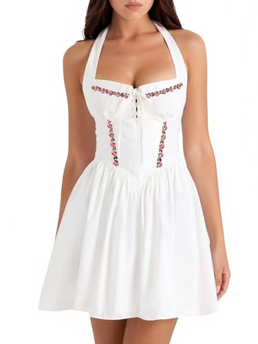 Auraxe Summer Halter Corset Graduation Short Dress Casual Cute A Line Bow Sundress Lace Up Party Mini Dresses for Women 2026 White | Amazon (US)