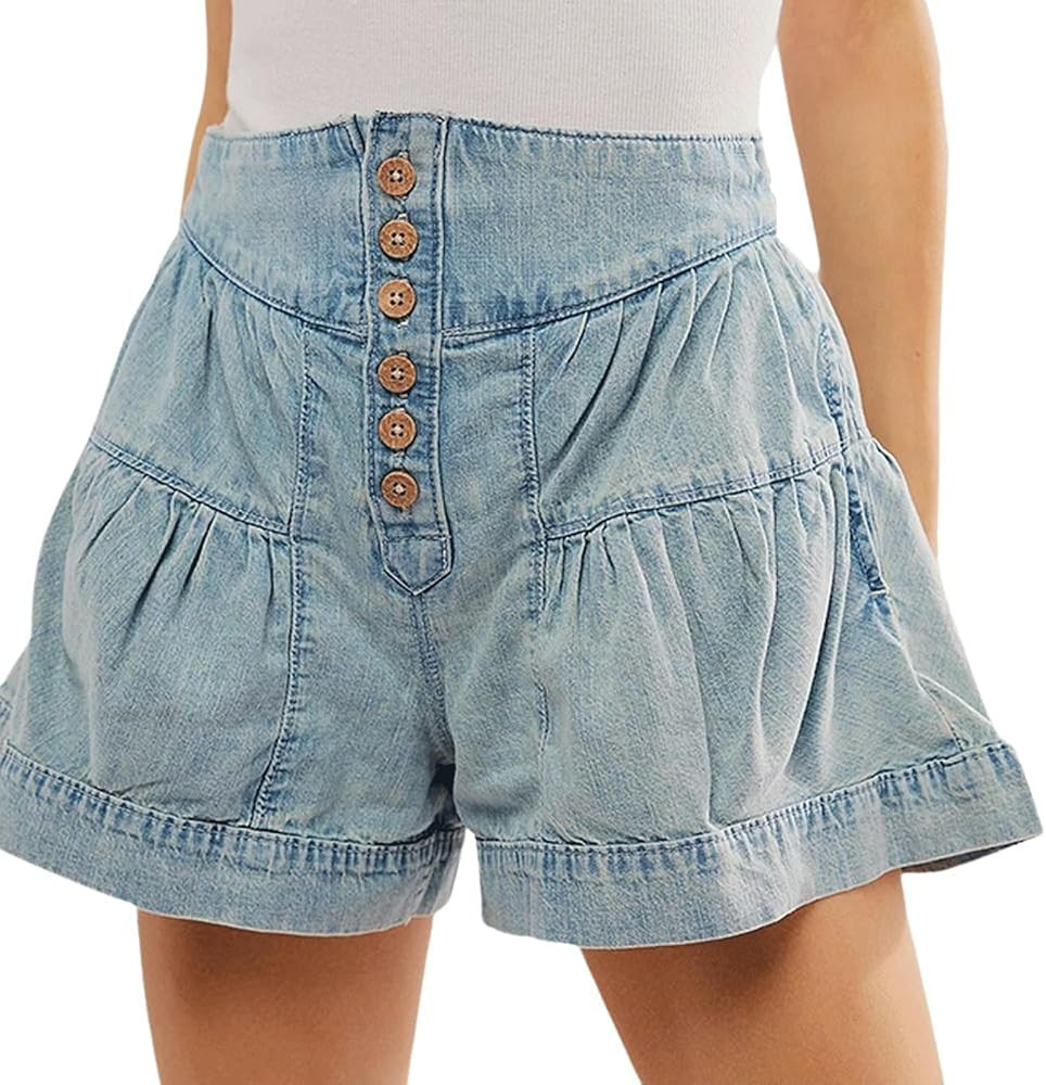 utcoco Women's 2025 Denim Shorts Casual Summer High Waisted Wide Leg Buttons Pleated Ruffle Jean ... | Amazon (US)