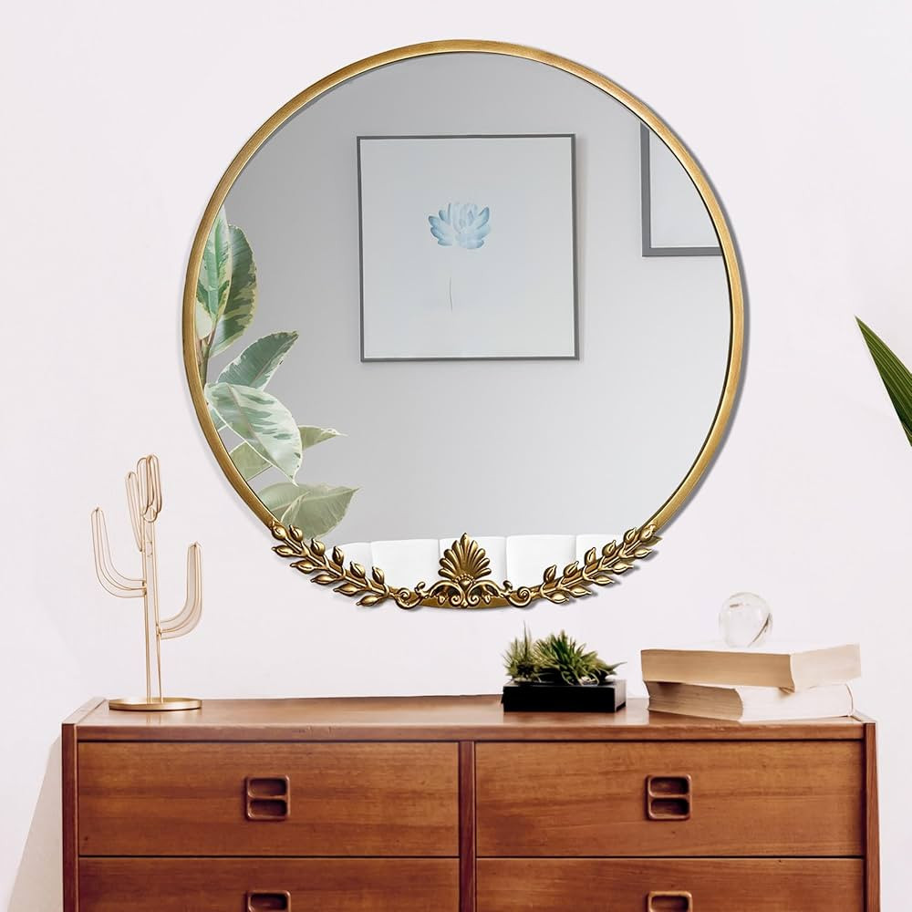 Anitque Wall Mirror, Metal Leaf Round Gold Mirror,24.5inch Vintage Wall-Mounted Mirror for Bathro... | Amazon (US)