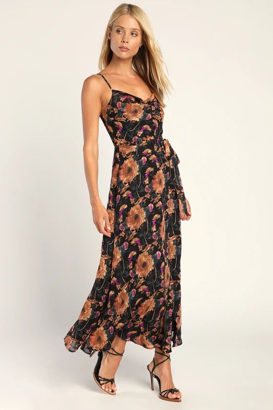 Dramatic Darling Black Floral Print Cowl Faux Wrap Maxi Dress | Lulus (US)