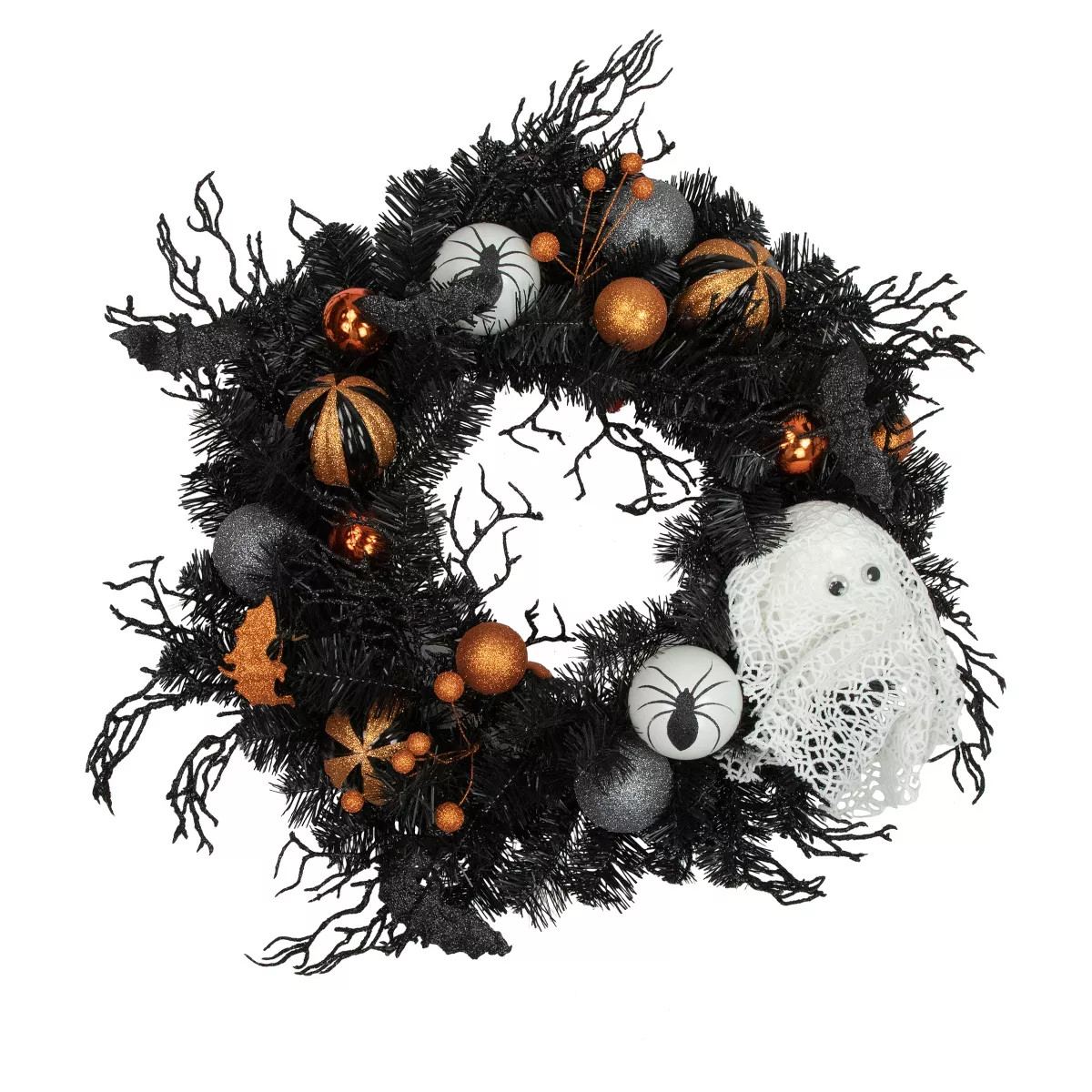 Northlight Orange Ornaments and Ghost Halloween Pine Wreath, 24-Inch, Unlit | Target