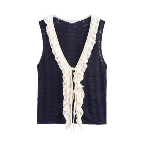 Women Contrasting Ruffle Knit Top V-Neck Sleeveless Lace Up Sweater Vest Cardigans Tank Short Top Navy Blue S(Us-4) | Amazon (US)