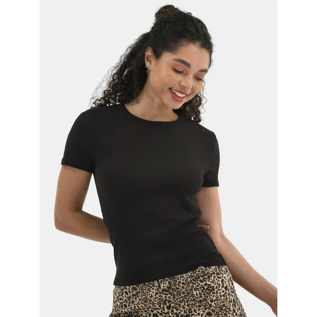 No Boundaries Ribbed Crewneck Tee with Short Sleeves, Women's | Walmart (US)