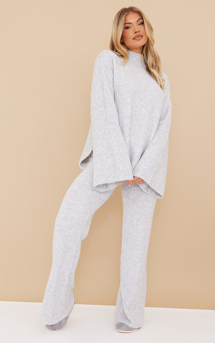 Grey Luxe Rib Knit Wide Leg Trousers | PrettyLittleThing UK