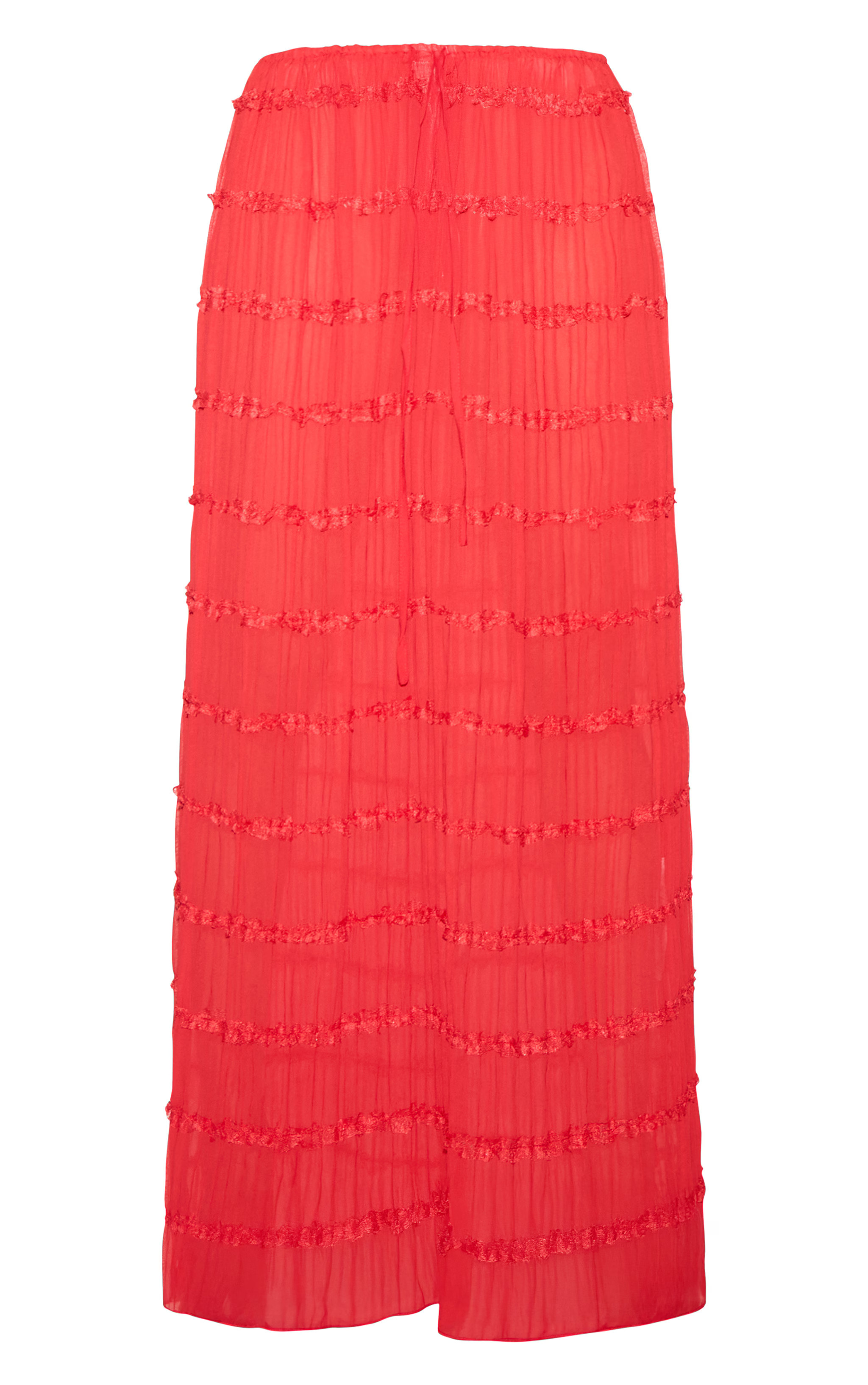 Tomato Chiffon Ruched Frill Detail Tiered Maxi Skirt | PrettyLittleThing US