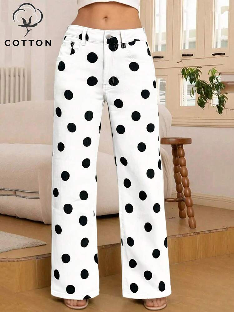 2025 New Bohemian Style Women's Fashion White Polka Dot Straight Leg Jeans | SHEIN