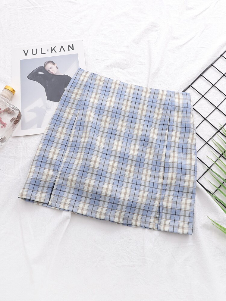 Tartan Slit Hem Mini Skirt | SHEIN