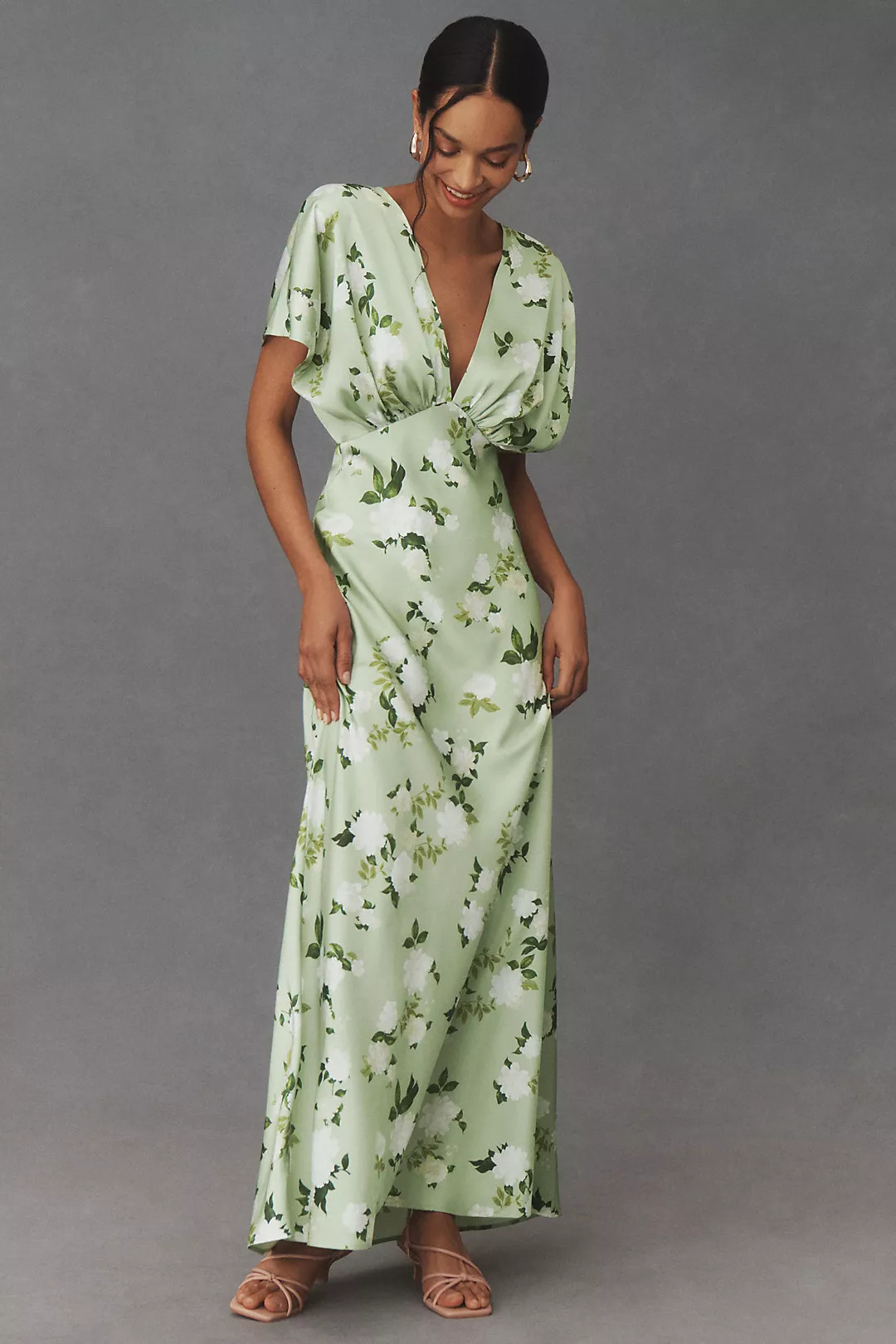 BHLDN Leila Deep-V Flutter-Sleeve Satin A-Line Gown | Anthropologie (US)