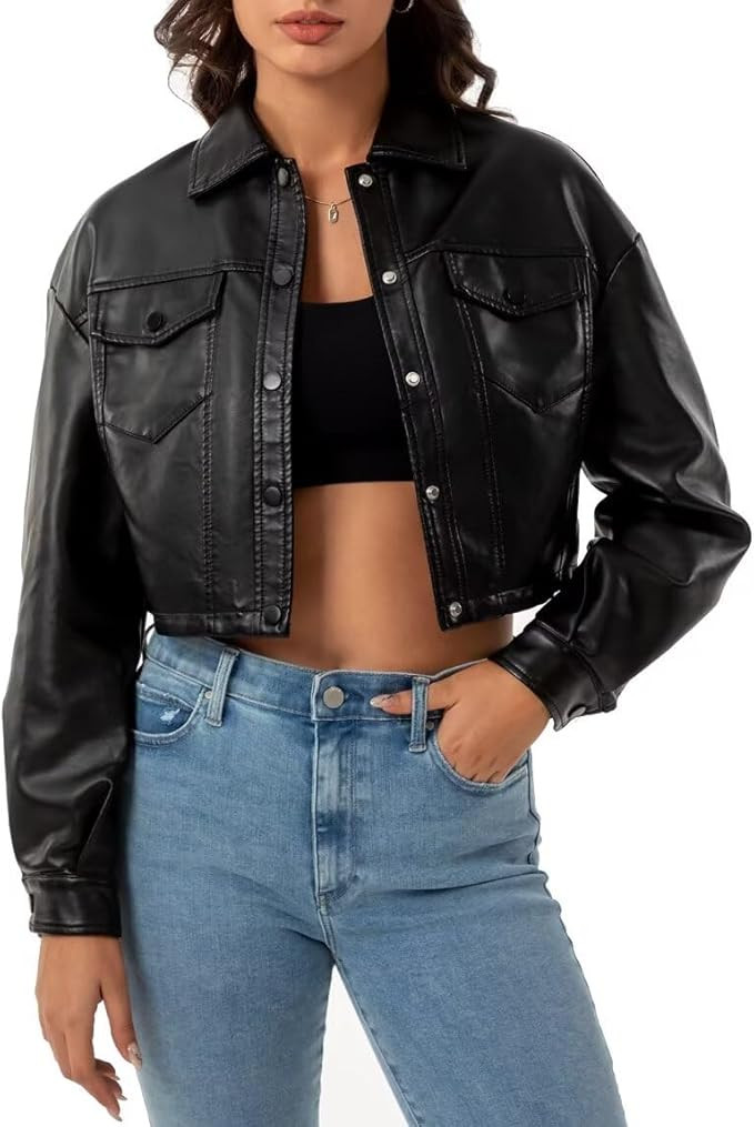 CHIGUO Women Faux Leather Cropped Jacket Trendy Moto Biker Short Jacket Fashion PU Coat Party Jac... | Amazon (US)