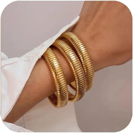 Gold Bangles for Women Chunky Stretch Bangles Bracelets Set 18K Gold Plated Stainless Steel Link Chain Bracelets Flexible Wide Wristband Bracelets Set of 3 Jewelry for Women | Walmart (US)