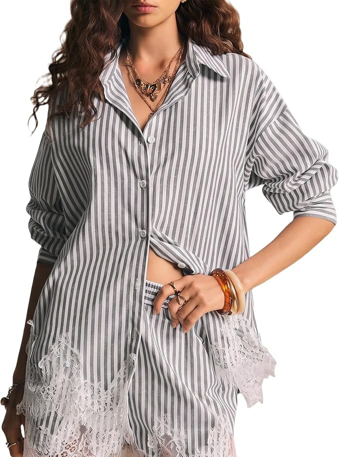 Striped Shirts Blouse for Women Patchwork Lace Shirt Summer Beach | Amazon (US)