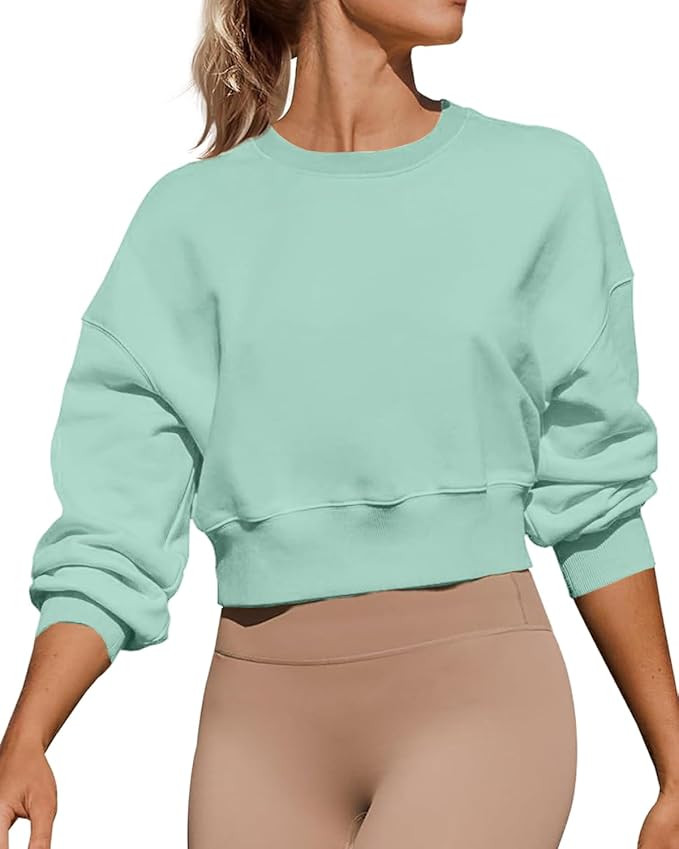 Women's Long Sleeve Round Neck Cropped Sweatshirts Cute Loose Fit Pullover Tops | Amazon (US)