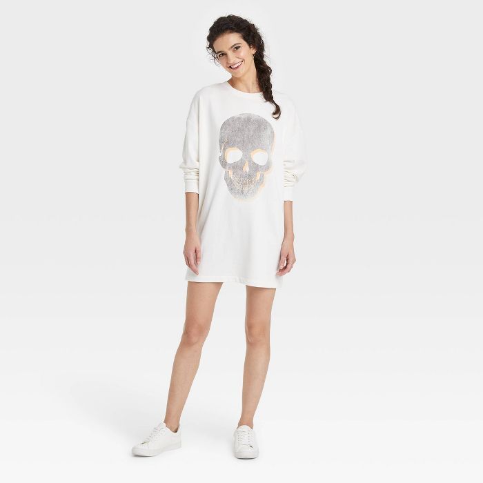 Women's Skull Long Sleeve Graphic Sweatshirt Dress - White | Target