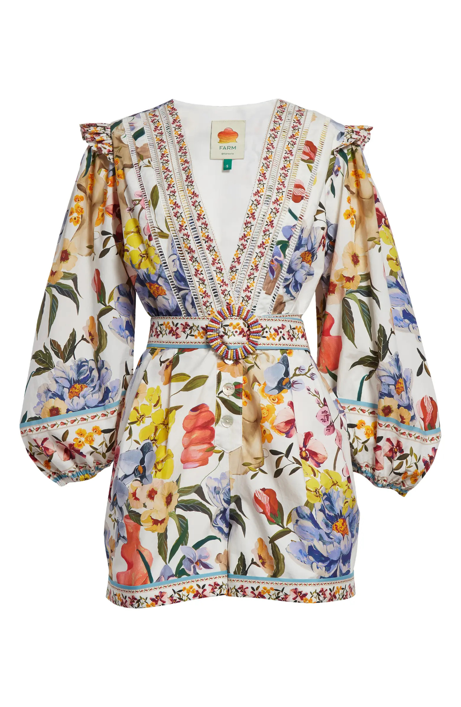 FARM Rio Greek Garden Long Sleeve Plunge Neck Cotton Romper | Nordstrom | Nordstrom