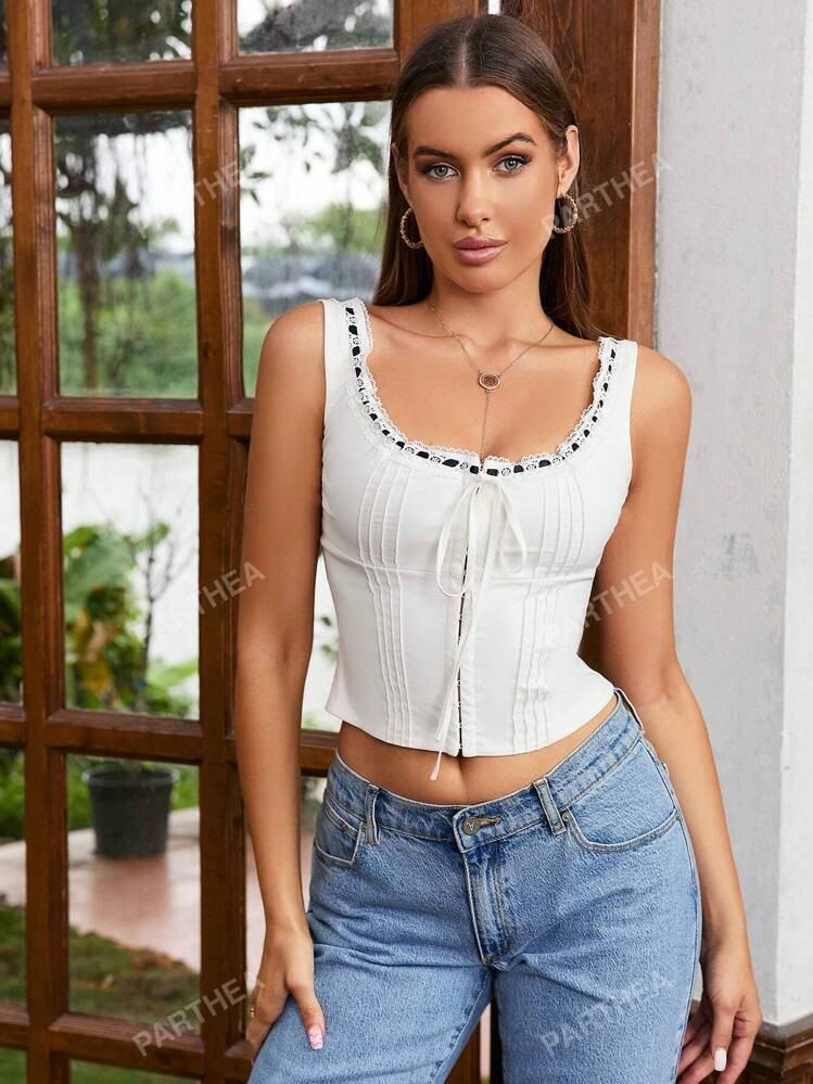 PARTHEA Tie Front Lace Trim Tank Top | SHEIN