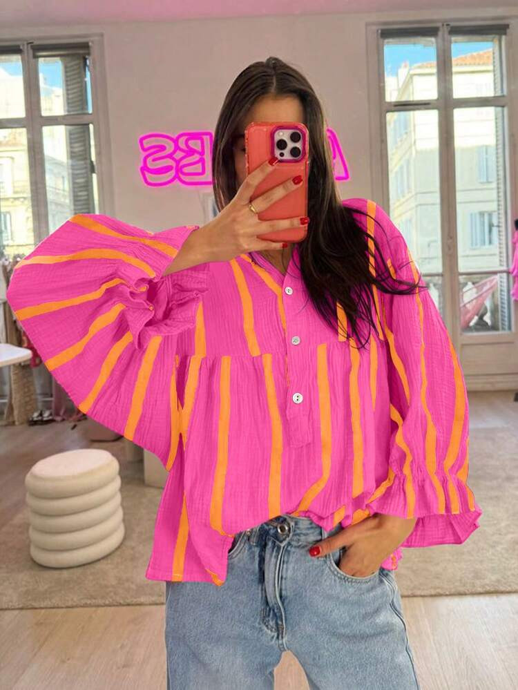Women's Striped Loose Blouse, Elegant Shirt Tops With Large Flared Sleeves, Frill Trim, Suitable For Commute, Daily Wear, Valentine's Day, Spring/Summer | SHEIN