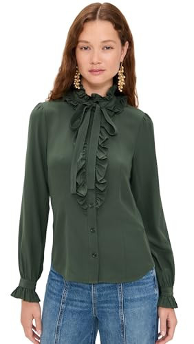 Ulla Johnson Women's Catroux Silk Long Sleeve Button Front Blouse, Cypress, 16 | Amazon (US)