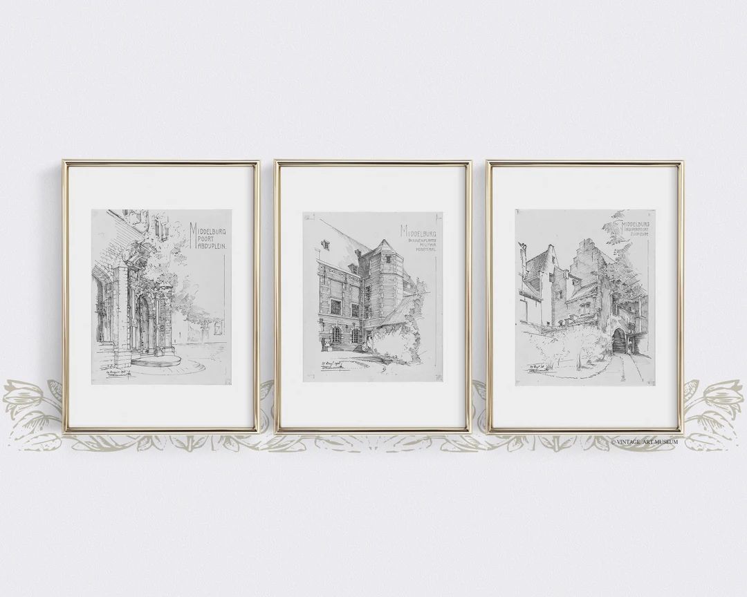 Vintage Architecture Sketch Art Set of 3 Antique Cityscape - Etsy | Etsy (US)