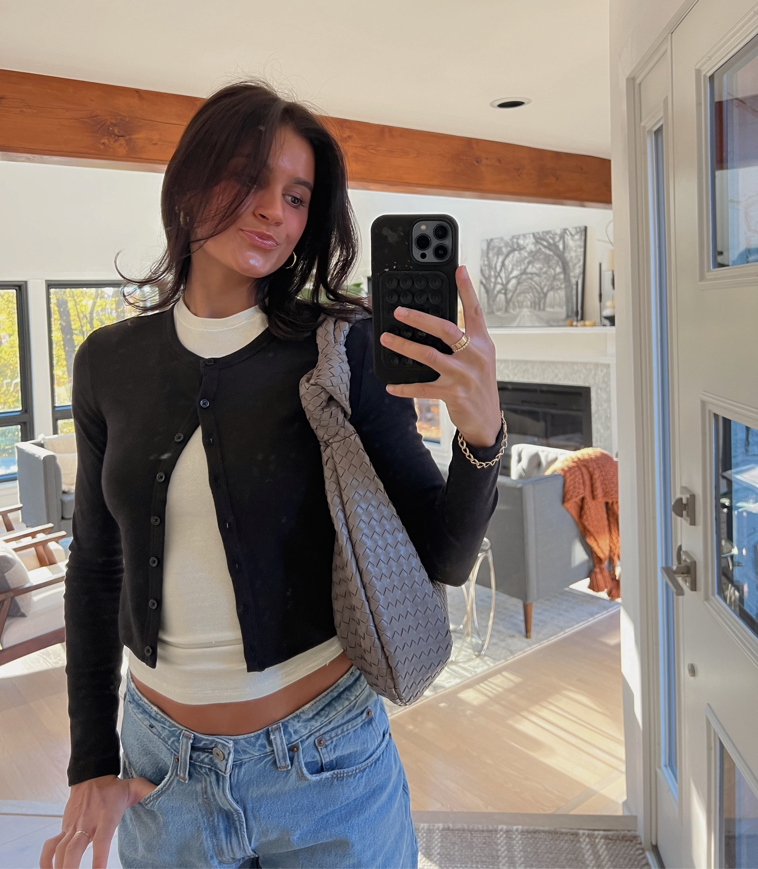 Wearing size XS in cardigan and shirt!! Size down for a more fitted look!! Jeans are on sale <3