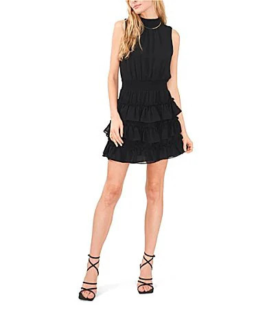 1. STATE Smocked Mock Neck Sleeveless Ruffle Tiered Mini Dress - L | Dillard's
