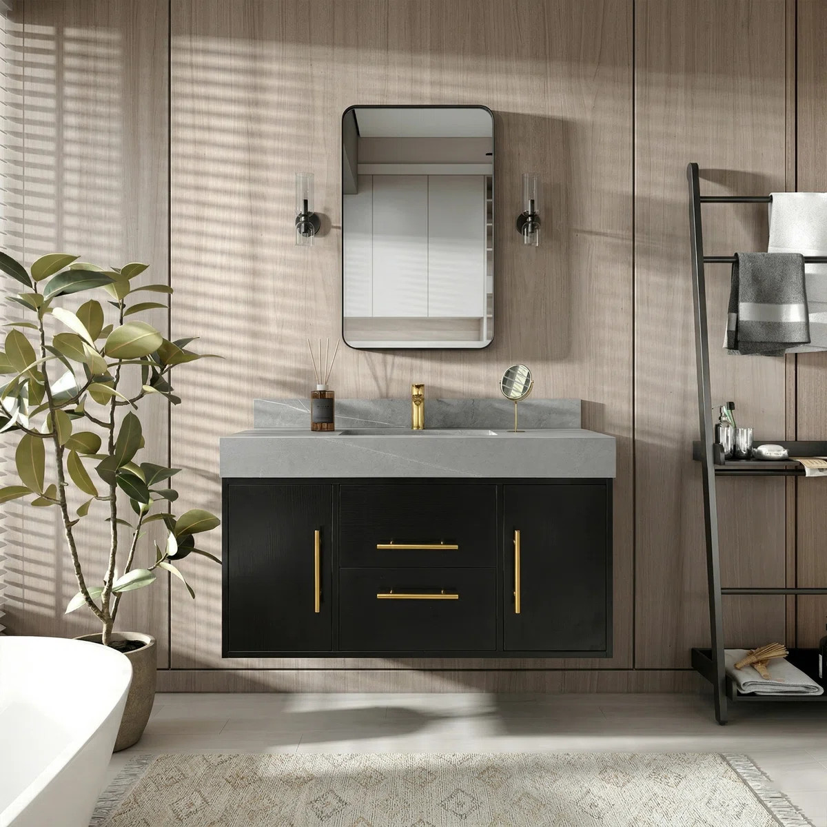 40" Modern Floating Bathroom Vanity Set with Grey Sintered Stone Top, Undermount Sink & Drain Ass... | Wayfair North America