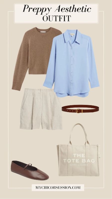 Style this preppy aesthetic outfit with linen shorts. Add a blue button-up on top, with a knit sweater thrown over your shoulders. Add a belt, Mary Janes, and a tote bag to finish the look. 

#LTKstyletip #LTKSeasonal