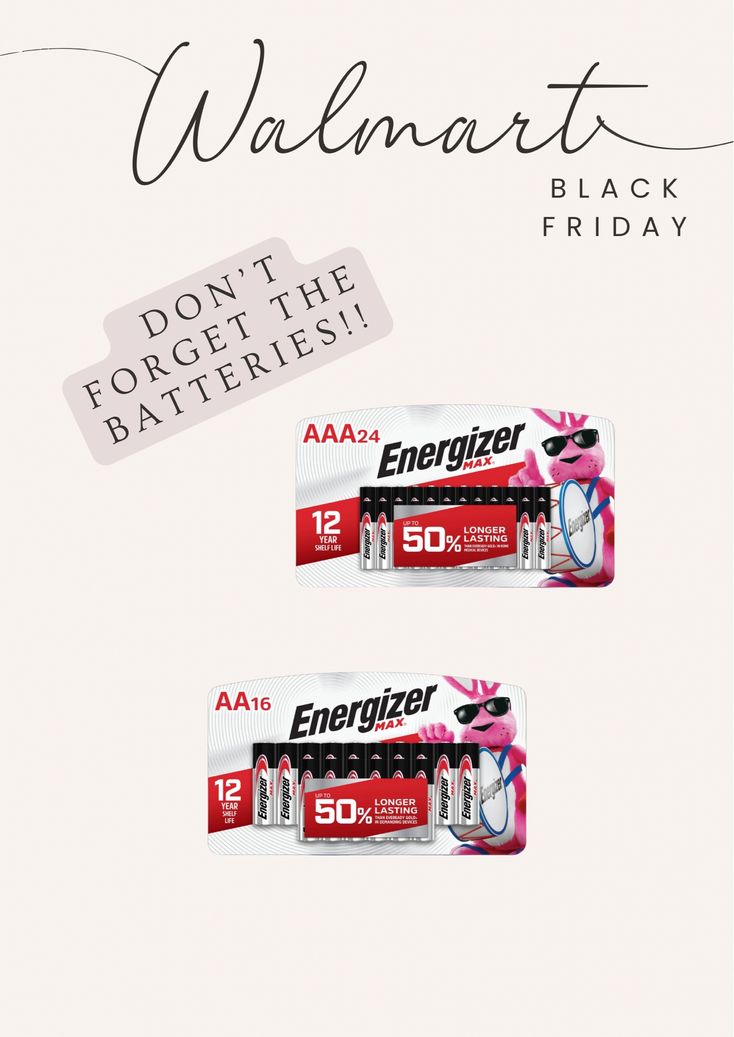 Don’t forget the batteries for all of those Christmas gifts you’re buying! Walmart has these big packs on Black Friday deal! 

#LTKCyberWeek #LTKSaleAlert #LTKGiftGuide