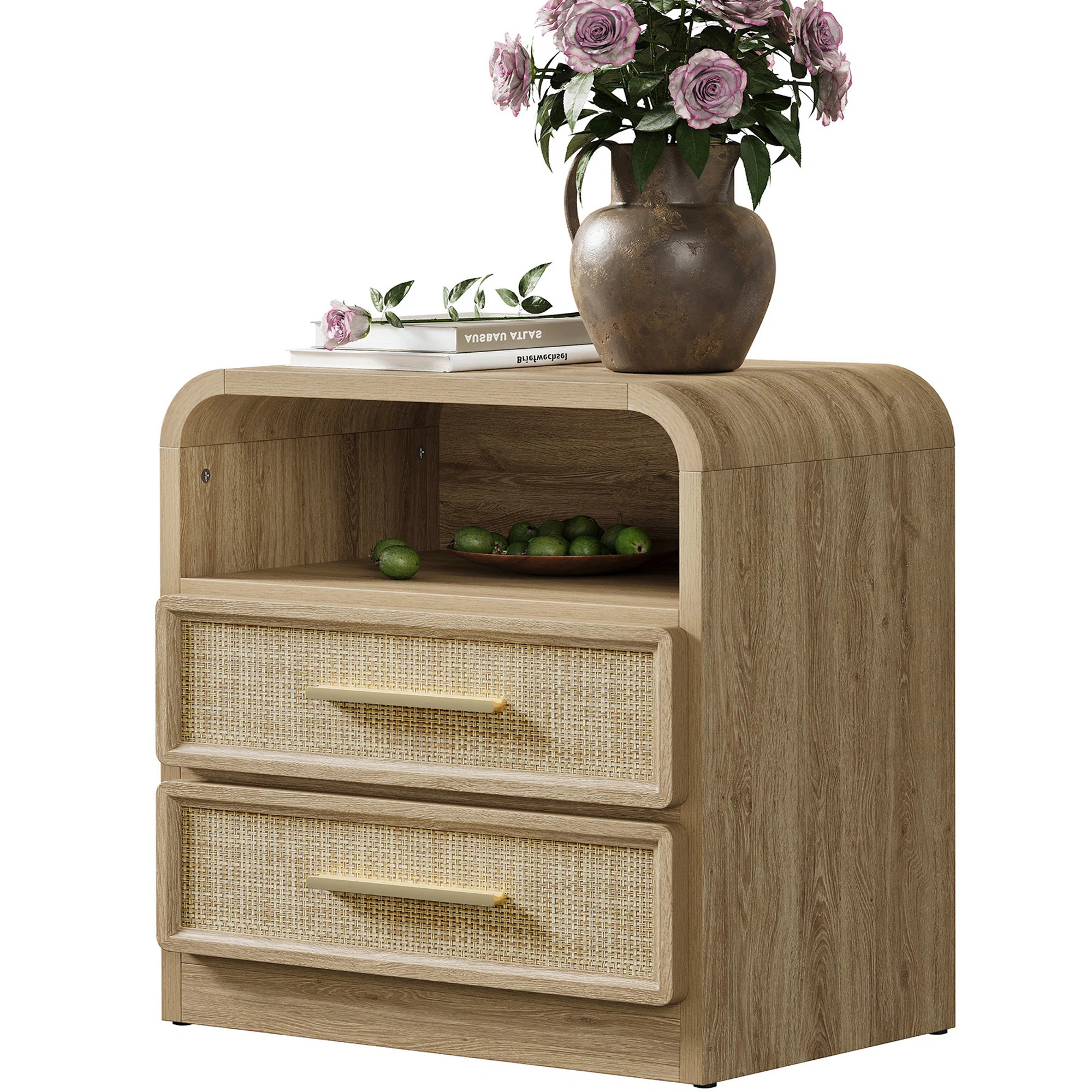 Curved Edge Rattan 2-Drawer Nightstand With Open Shelf Storage | Wayfair North America