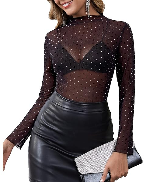 Avidlove Women Mesh Tops Rhinestone Tops Long Bell Sleeve Blouses Glitter Shirts Sexy Clubwear Ou... | Amazon (US)