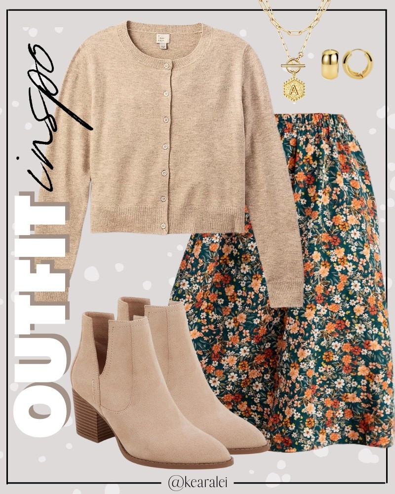 Teacher outfits spring outfits 2026 work outfits workwear business casual church outfit spring dresses skirts Amazon fashion tan beige cardigan button down sweater with olive green orange peach pink ditsy floral midi skirt long skirts with brown tan suede pointed toe booties and gold jewelry || affordable fashion teacher outfit teaching back to school looks  business casual outfits #teacher #work #workwear #business #Casual #amazon #target #school #teaching #outfit #outfits
.
.
.
Amazon fashion, teacher outfits, business casual, casual outfits, neutrals, street style, Midi skirt, Maxi Dress, Swimsuit, Bikini, Travel, skinny Jeans, Puffer Jackets, Concert Outfits, Cocktail Dresses, Sweater dress, Sweaters, cardigans Fleece Pullovers, hoodies, button-downs, Oversized Sweatshirts, Jeans, High Waisted Leggings, dresses, joggers, fall Fashion, winter fashion, leather jacket, Sherpa jackets, Deals, shacket, Plaid Shirt Jackets, lounge set, Date Night Outfits, Vacation outfits, Mom jeans, shorts, sunglasses,  Romper, jumpsuit, Airport outfits, biker shorts, Weekender bag, plus size fashion, Stanley cup tumbler, Work blazers, Work Wear, workwear

boots booties tall over the knee, ankle boots, Chelsea boots, combat boots, pointed toe, chunky sole, heel, high heels, sneakers, slip on shoes, Nike, adidas, vans, dr. marten’s, ugg slippers, golden goose, sandals, high heels, loafers, Birkenstock Birkenstocks, Steve Madden, Target, Abercrombie and fitch, Amazon, Shein, Nordstrom, H&M, forever 21, forever21, Walmart, asos, Nordstrom rack, Nike, adidas, Vans, Quay, Tarte, Sephora, lululemon, free people, j crew jcrew factory, old navy


#LTKSeasonal #LTKWorkwear #LTKootd