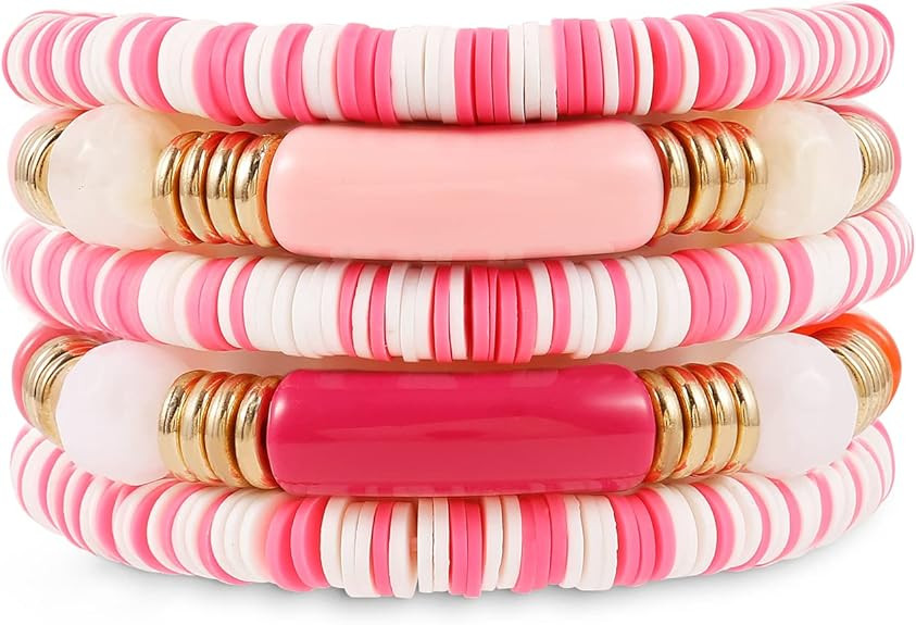 Amazon.com: Pink Bamboo Tube Bangles Bracelet Chunky Curved Stacking Clear Acrylic Colorful Beads... | Amazon (US)
