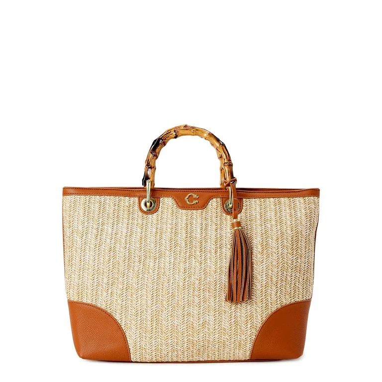 C. Wonder Women’s Adult Juno Faux Straw Tote Bag with Bamboo-Look Handles Cognac | Walmart (US)