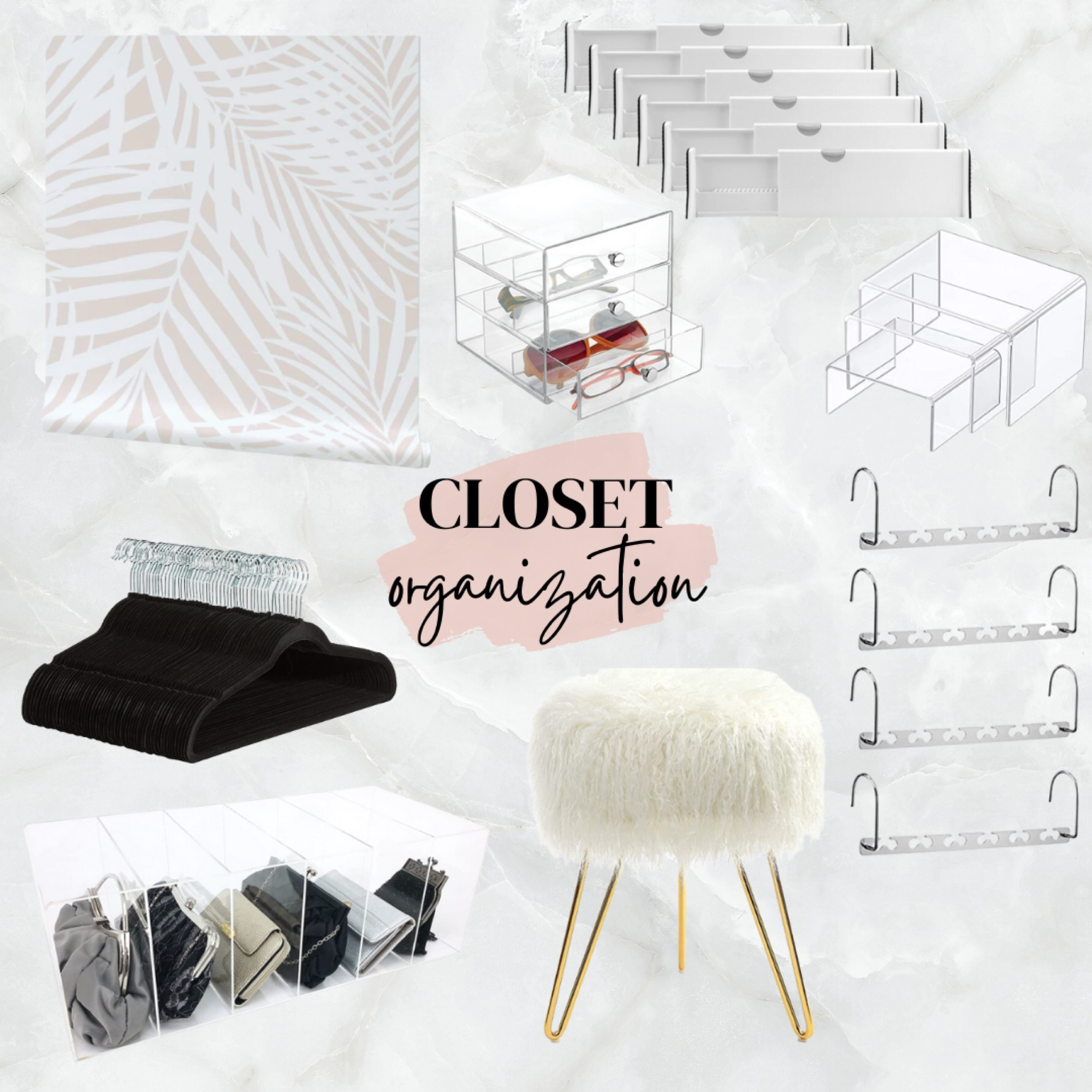 Walk in closet organization 
Clear storage for purses 
Faux fur stool and beachy peel and stick wallpaper 
Space saving hangers 

#LTKhome