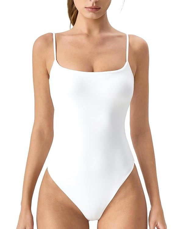 QINSEN Women‘s Spaghetti Strap Bodysuit Top Square Neck Sleeveless Double Lined Cami Shirts | Amazon (US)