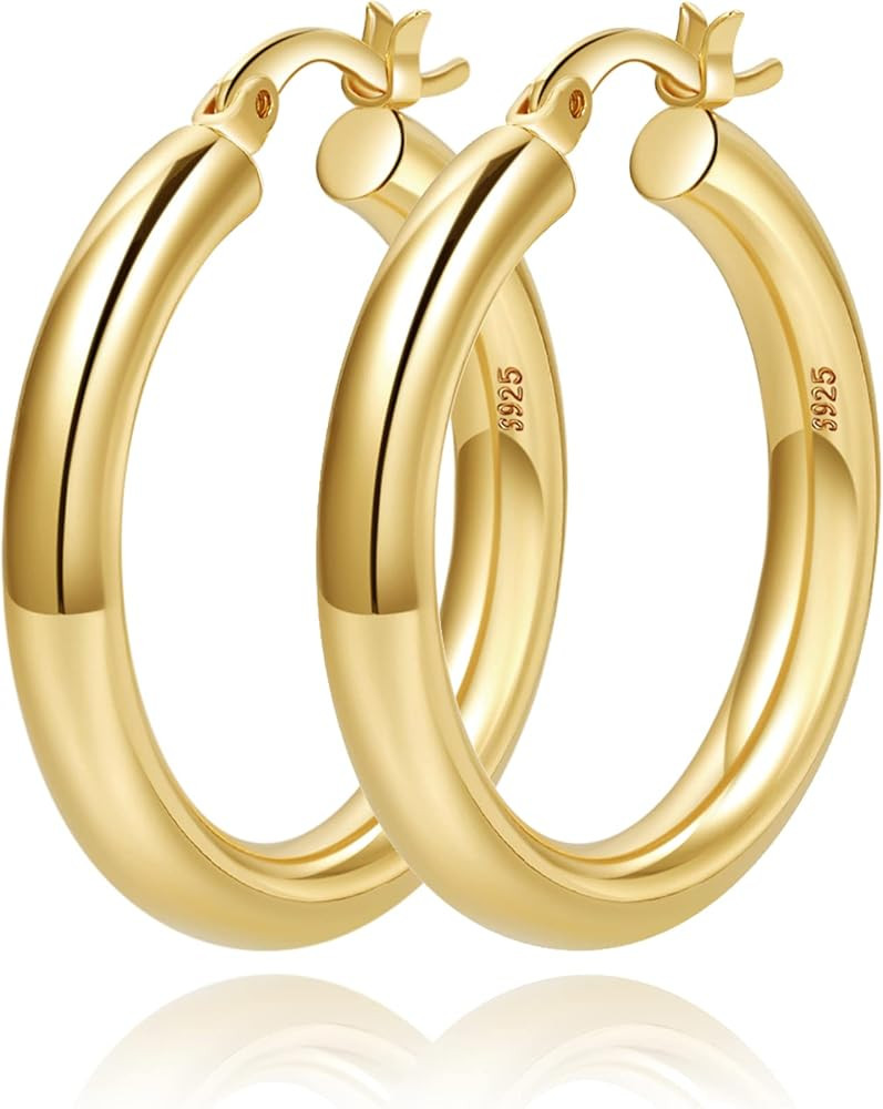 4mm Thick Gold Chunky Earrings Steling Silver Post Hoops Earrings For Women Hollow Tube Hoops Earrings Thick Gold Hoop Earrings Hypoallergenic Lightweight Gold Hoop Large Earrings 20/30/40/50/60MM | Amazon (US)
