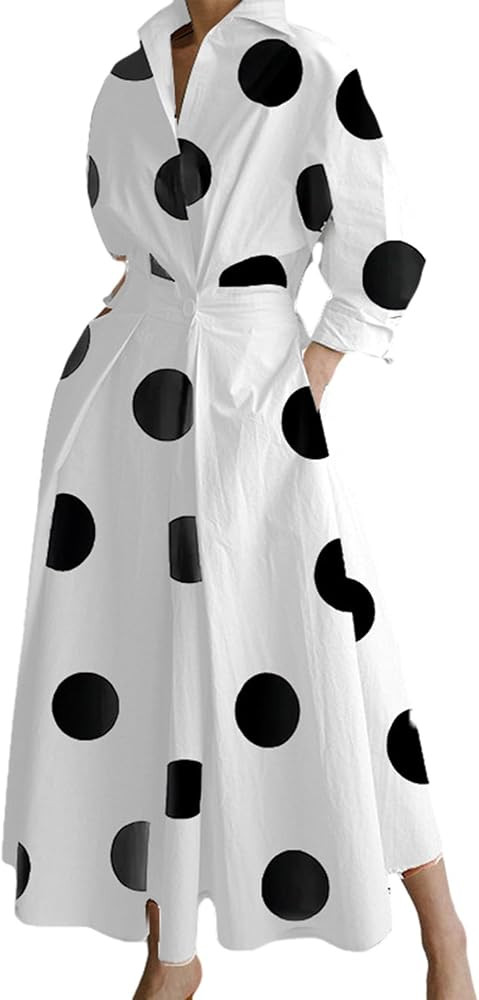 Women's Pleated Long Sleeve Maxi Shirt Dress Elegant Button Printed Long Shirt Dress A-line Swing... | Amazon (US)