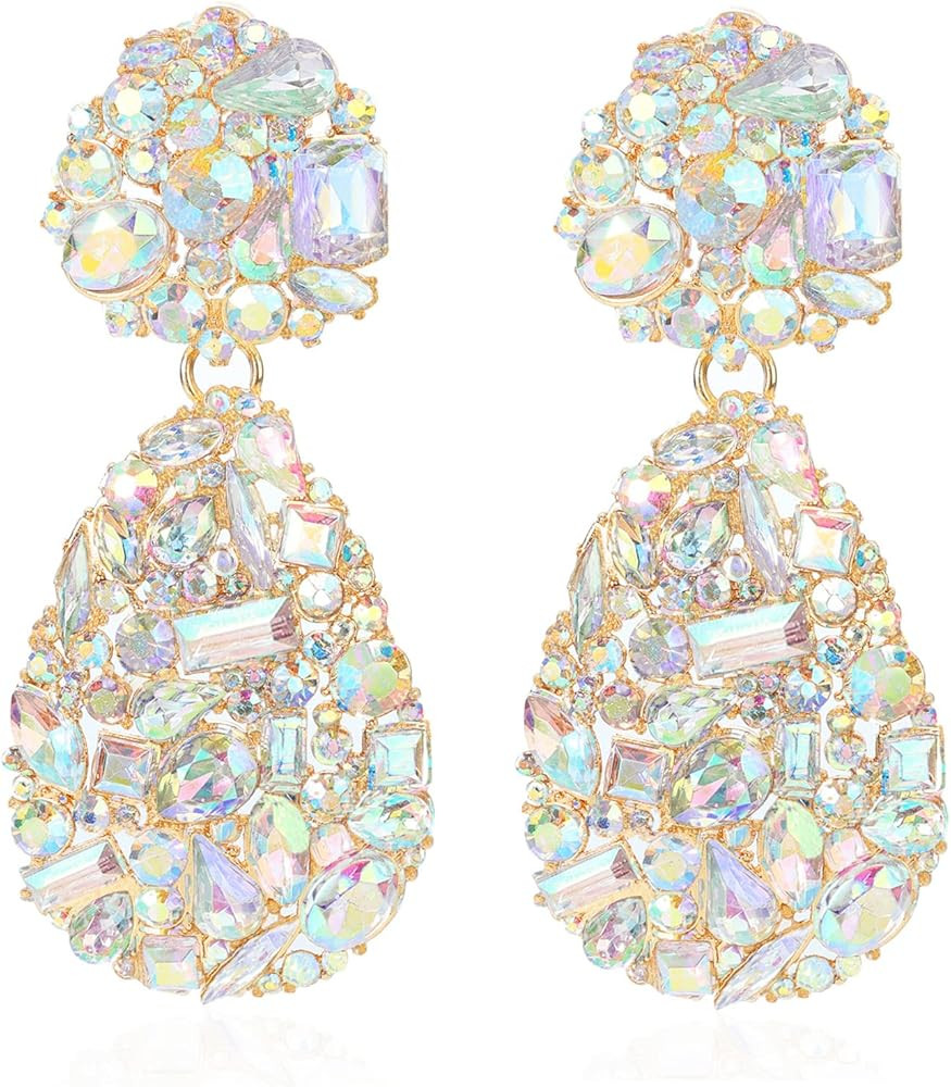 Rhinestone Statement Earrings Teardrop Costume Earrings Cluster Crystal Chandelier Drop Dangle Ea... | Amazon (US)
