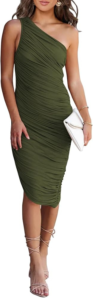PRETTYGARDEN One Shoulder Dresses for Women 2026 Summer Ruched Mesh Asymmetrical Cocktail Wedding... | Amazon (US)