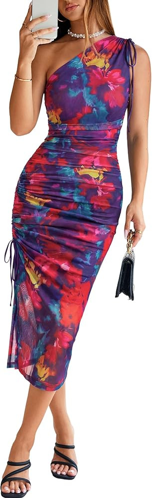 BerryGo Women One Shoulder Bodycon Mesh Ruched Long Dress Summer Sexy Slit Floral Print Wedding G... | Amazon (US)
